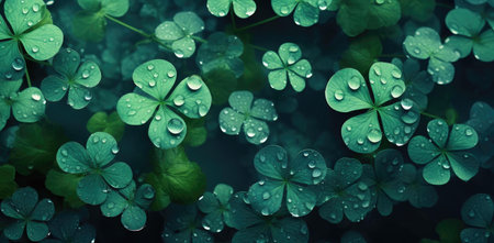 Close-up view of clover leaves covered in morning dew. Green and lush, perfect for nature themes.
