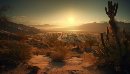 A stunning sunset illuminates a desert landscape, with majestic mountains and towering cacti...