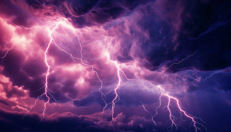 A breathtaking image capturing the raw power of a purple lightning storm. The vibrant colors and intense energy create a dramatic and awe-inspiring scene.の写真素材