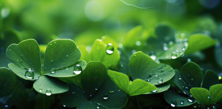 Close-up image of lush green clover leaves with glistening dewdrops. A refreshing and vibrant scene...
