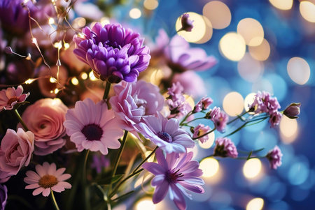 Stunning purple and pink flower bouquet with fairy lights. Romantic and celebratory.の写真素材