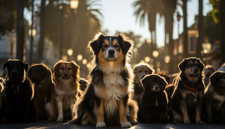 A group of dogs sitting together in the warm light of the setting sun, in an urban settingの写真素材