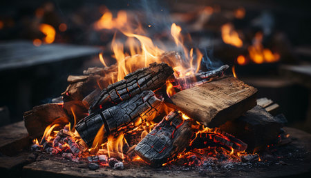 Close-up view of a vibrant bonfire at night, showing burning wood and glowing embers.
