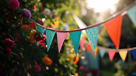 A string of colorful bunting hangs amidst lush flowers, creating a festive summer atmosphere.