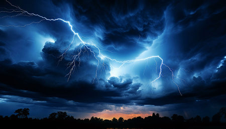 A breathtaking image of a powerful lightning storm illuminating the dark night sky.の写真素材
