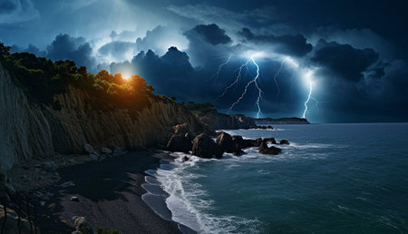 A breathtaking coastal scene at night, with powerful lightning illuminating the dark ocean waves crashing against a rocky cliff.の写真素材