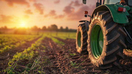 A green tractor sits in a field at sunset. The golden light illuminates the scene.の写真素材