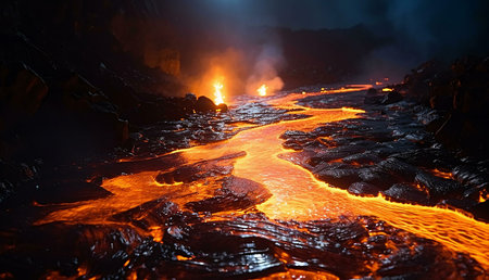 Stunning nighttime shot of a volcanic eruption, showcasing a river of glowing lava flowing through...
