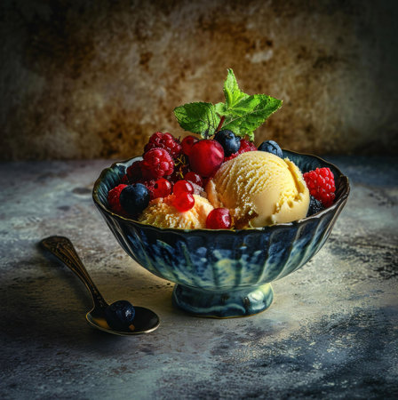 A close-up shot of a bowl of vanilla ice cream with fresh raspberries, blueberries, and cherries....