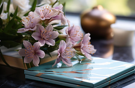 A close-up shot of delicate pink flowers arranged on a teal surface. The image exudes tranquility...