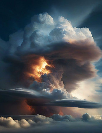 A breathtaking image of a massive storm cloud, with fiery hues and dramatic lighting. Nature's raw power captured in a single frame.の写真素材