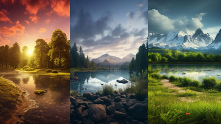 Three stunning nature scenes: sunrise over a river, a calm lake at daytime, and a sunset on a snow capped mountain lake.の写真素材