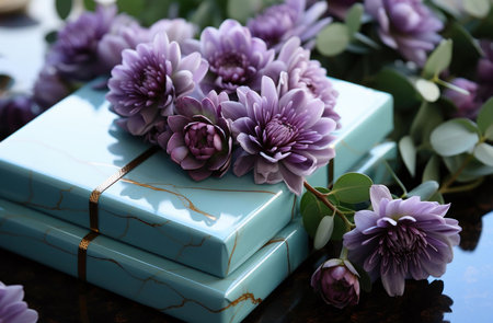 A light blue gift box adorned with a golden ribbon and a bouquet of delicate purple flowers. The scene is elegant and serene.の写真素材