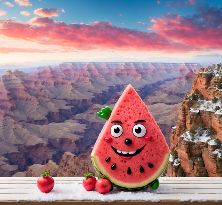 A cheerful watermelon enjoys the stunning sunset view over the canyon. A fun, summery scene.の写真素材