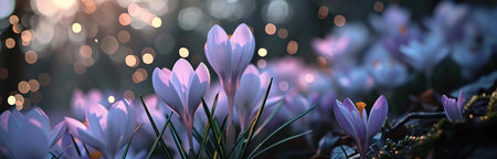 Close-up view of delicate purple crocuses in a field, bathed in soft, magical light. A scene of tranquility and natural beauty.の写真素材