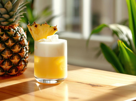A delicious pineapple cocktail garnished with a pineapple wedge, sitting on a wooden table. Enjoy the sunshine!の写真素材