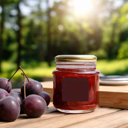 A jar of homemade plum jam sits on a wooden table outdoors, bathed in sunlight. Plums are nearby.