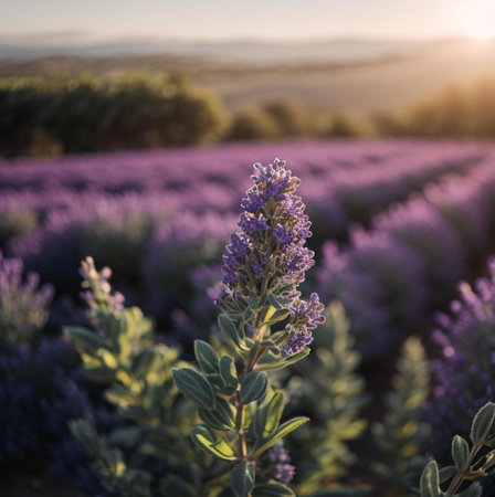A single lavender stalk stands out in a vast field at sunset. The warm light creates a serene...