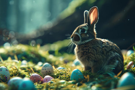 A charming Easter bunny sits amidst a bed of vibrantly colored eggs nestled in a lush green forest....