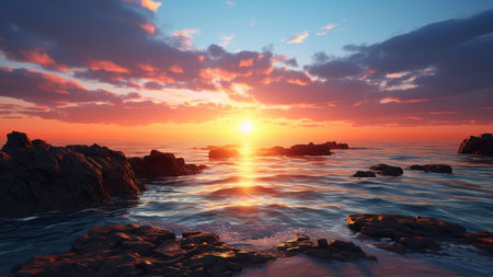 A vibrant sunset paints the sky with fiery hues, reflecting on the tranquil ocean water. Rocks dot...
