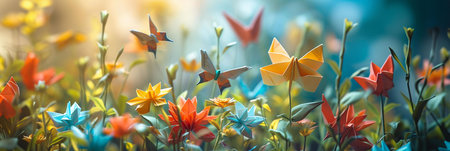 Origami butterflies flutter among vibrant paper flowers in a tranquil spring garden.の写真素材