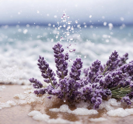 Lavender blossoms near the ocean, waves gently lapping the shore. A serene and peaceful scene.の写真素材