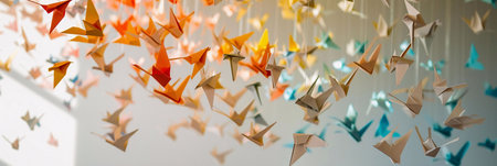 Many colorful origami birds hang, creating a vibrant and artistic scene. A beautiful display of creativity.の写真素材