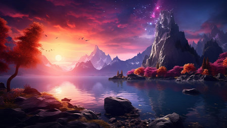 A breathtaking sunset over a serene lake, surrounded by majestic mountains and vibrant autumn trees. The sky is filled with stars.の写真素材