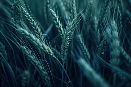 Close-up view of a wheat field, bathed in a serene teal hue. The image evokes a sense of calm and tranquility.の写真素材