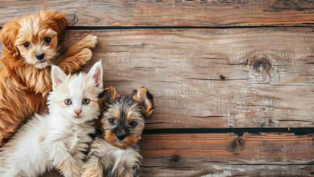 Three adorable pets: a fluffy puppy, a white kitten, and a Yorkshire Terrier puppy, snuggling...