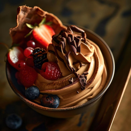 Close-up of a chocolate frozen yogurt topped with fresh berries and chocolate shavings.の写真素材