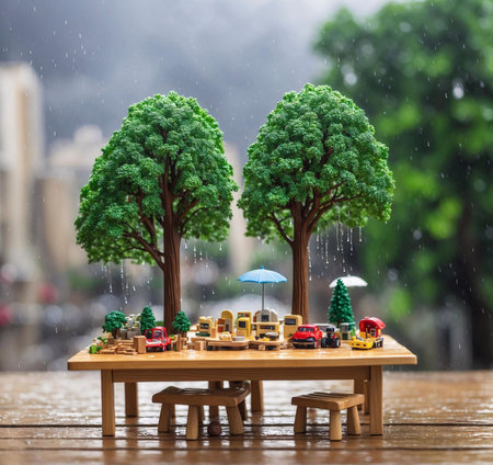 A charming miniature village scene set under two lush green trees on a rainy day. Tiny cars and an...