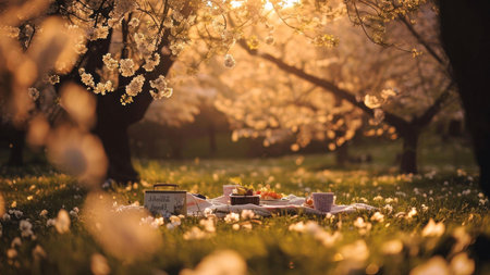 A serene spring picnic scene, bathed in the golden light of the setting sun, under blossoming trees....