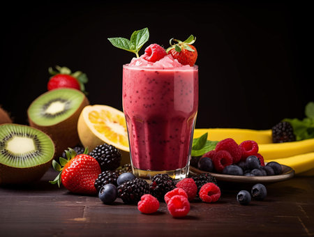A tempting image of a vibrant berry smoothie surrounded by fresh fruits like strawberries, raspberries, and kiwi. Perfect for health-conscious individuals.の写真素材