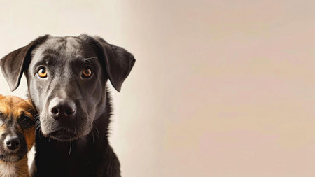 Two adorable dogs, a black lab and a small pup, in a heartwarming portrait. Their expressive eyes capture a sense of companionship.の写真素材