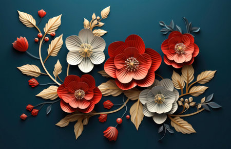 Intricate paper flowers in red, white, and gold create a stunning 3D floral arrangement against a dark teal backdrop.の写真素材