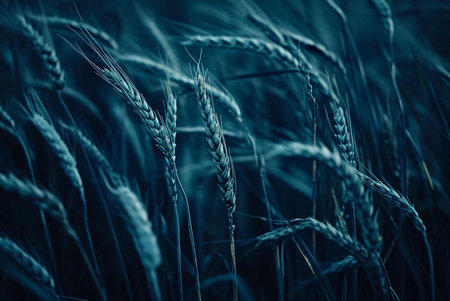 Close-up view of wheat stalks in a field at twilight, bathed in a moody blue light. Serene...