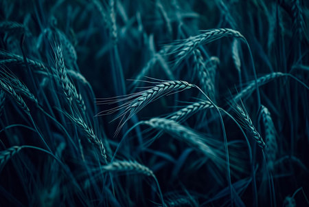 Close-up view of a wheat field at dusk, bathed in a serene teal light.