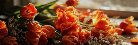 A vibrant close-up captures a bouquet of sunlit orange tulips, showing their delicate petals and warm colors.の写真素材