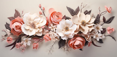 A captivating image of an artfully crafted paper flower arrangement. Peach and cream blossoms create...