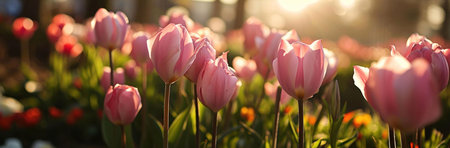 Pink tulips bathed in the golden light of a sunset. A serene and beautiful scene of nature's...