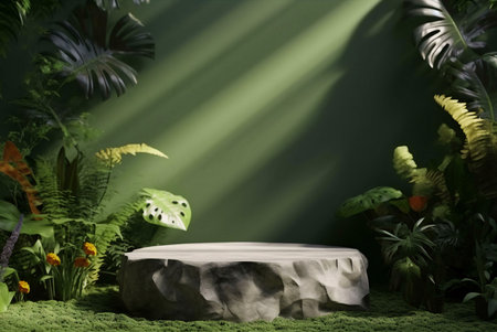 A tranquil scene of a stone platform nestled in a lush jungle setting, bathed in soft sunlight.の写真素材