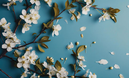 White cherry blossoms artfully arranged on a teal background. A serene and elegant springtime image.の写真素材