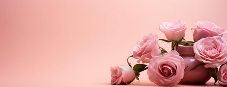 A cluster of delicate pink roses arranged in a pink vase against a soft pink background. The image exudes elegance and tranquility.の写真素材