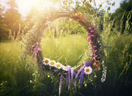 A beautiful flower wreath hangs in a sun-drenched meadow. The vibrant colors and natural beauty create a serene and peaceful atmosphere.の写真素材