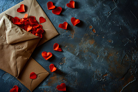A rustic brown envelope filled with numerous small red paper hearts, scattered on a dark background....