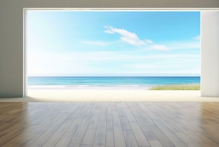 Stunning ocean view from a minimalist living room. Large window showcases tranquil beach scene.の写真素材