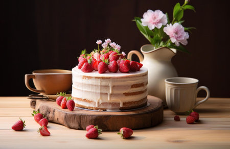 A delightful strawberry cake, adorned with fresh strawberries and flowers, sits on a wooden table. Two cups add to the cozy scene.の写真素材