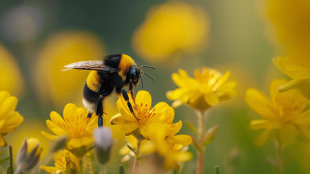 A bumblebee gathers pollen from bright yellow flowers in a sunny meadow. A close-up photo.