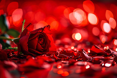 A single red rose lies on a bed of scattered petals, creating a romantic and passionate scene. The bokeh background adds to the dreamy and loving atmosphere.の写真素材